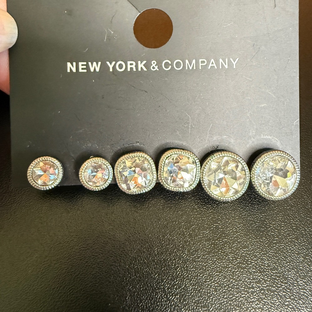 New York & Company Crystal Stud Earrings Set of 6 Silver Tone‎